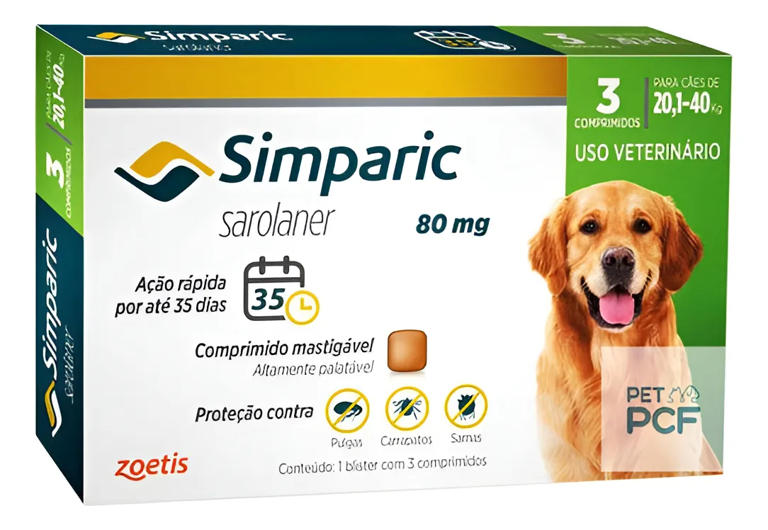Simparic Cães De 20 A 40 Kg Com 1 Comprimido - 80 Mg
